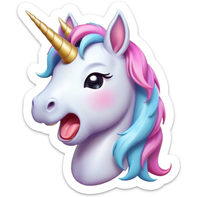 Cinematic Cute Yawning Unicorn Pony Portrait Emoji, Head tilted slightly with a dramatic, wide-open yawn, showcasing a petite, softly glowing form with a gently drooping mane, a subtle, shimmering horn and sleepy, half-closed eyes, Simplified yet irresistibly adorable features, highly detailed, glowing with a soft, cozy pastel glow, high shine, relaxed yet expressive, stylized with a dash of whimsical enchantment, soft glowing outline, capturing the essence of a drowsy yet affectionate unicorn pony that appears ready to stretch and yawn its way off the screen! sticker