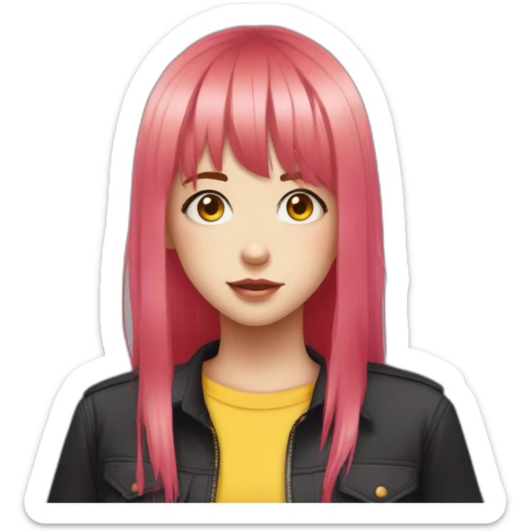 (gril) makima from the manga chainsawman with pink/red hair fringe, yellow eyes with a circle inside and a black shirt sticker