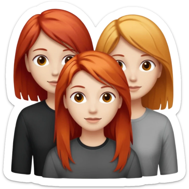 Can you create an image of 3 friends together one with red bright hair light skin one the other with brown hair with some blonde highlights in the hair fair skin the last one with light brown a tint of orange hair and black long hair with brown  sticker