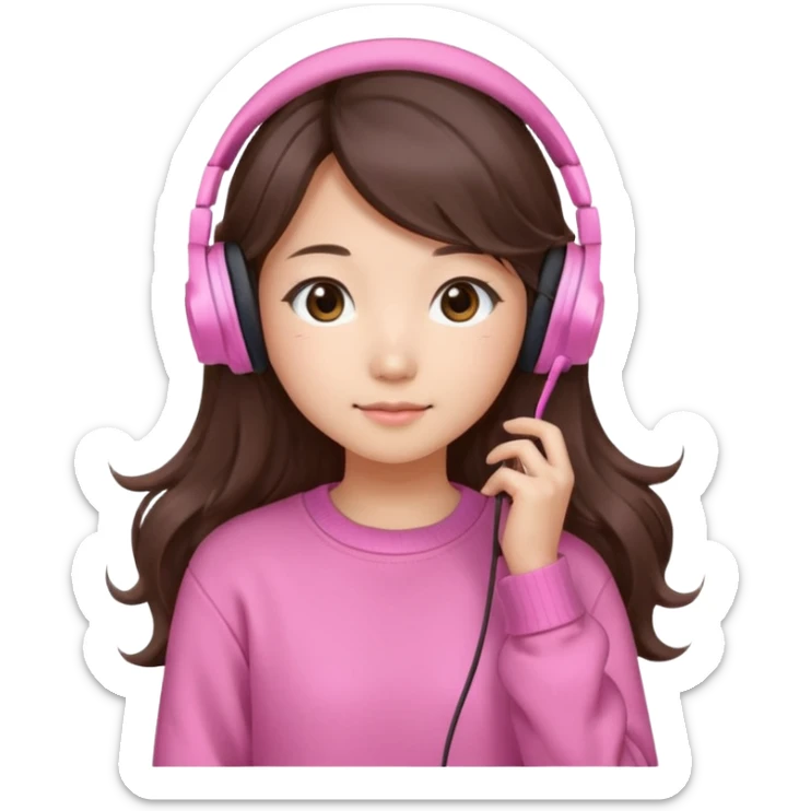 a asian japanese girl with wavy long silky brown hair and no bangs. the right side of hair is set on her shoulder she has a cute pink gaming headphones. she is wearing a cute pink sweater  sticker
