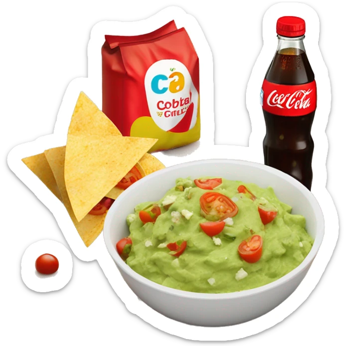 Bowl with guacamole with tomatoes and feta cheese and pepper flakes , a bag of tortilla chips  and a coca cola 1,5 bottle  sticker