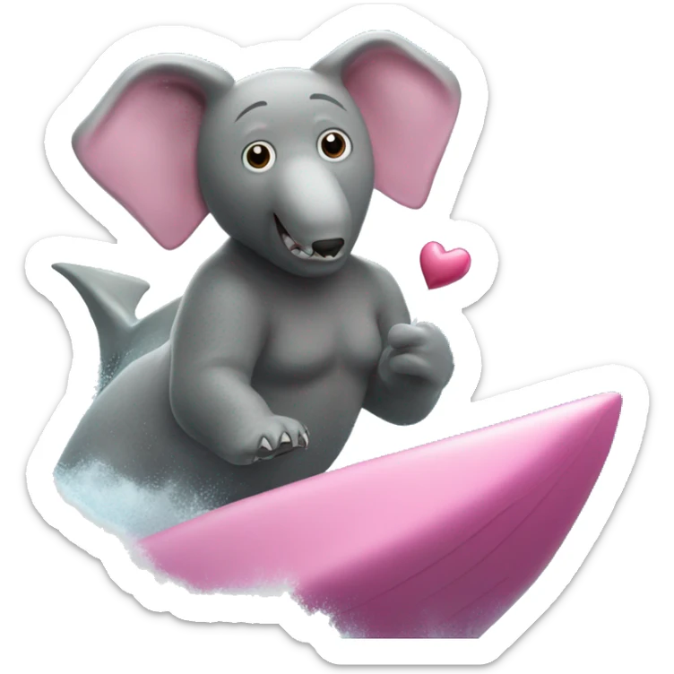 Show me a bear holding a pink heart riding an elephant surfing on top of a shark in the ocean sticker