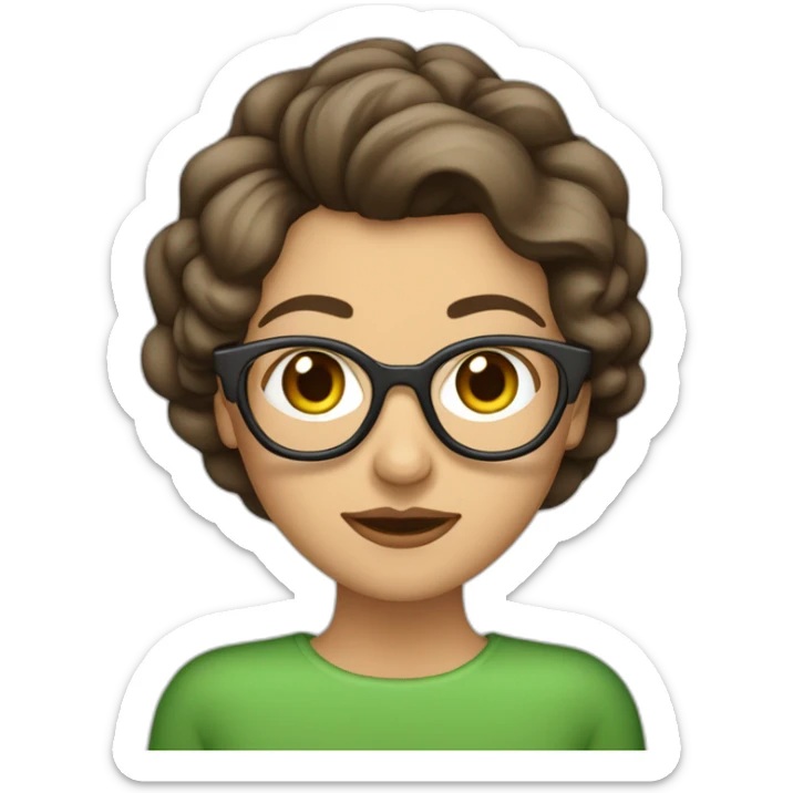 Mujer de mediana edad con ojos verdes, el pelo muy corto, peinafo moderno,castaño, canas en el flequillo y gafas rojas sticker