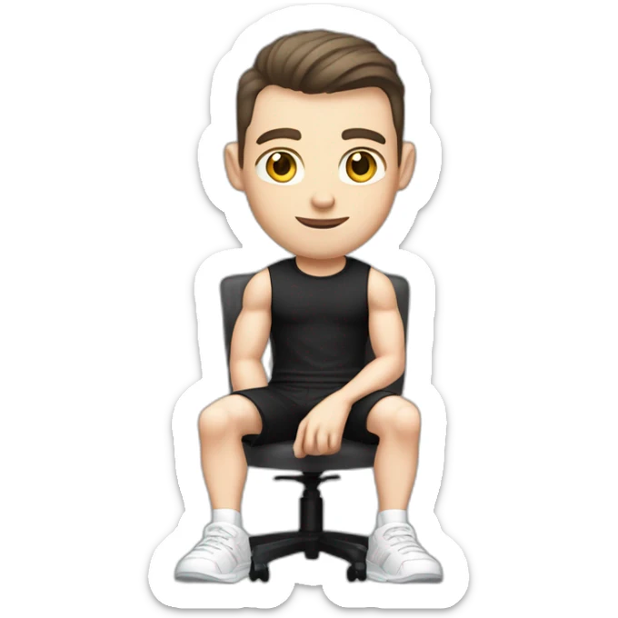 Pale skinned Fit Man With the biceps and dark brown hair in black shirt, gray sports shorts and white Sneakers Sitting on a chair sticker
