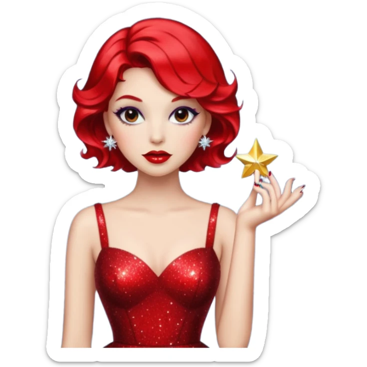 Představuji si mě jako glamourózní postavu, s výrazným make-upem a stylovým oblečením. Budu mít rtěnku v zářivé barvě, perfektně upravené vlasy a elegantní šaty. Pozadí bude plné třpytek a lesku, aby to podtrhlo mou módní vášeň. Styl bude spíše realistický, ale s nádechem fantazie a extravagance. 💅 sticker