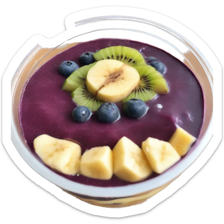 Açaí in a clear cup with layers of fruits and granola and condensed milk sticker