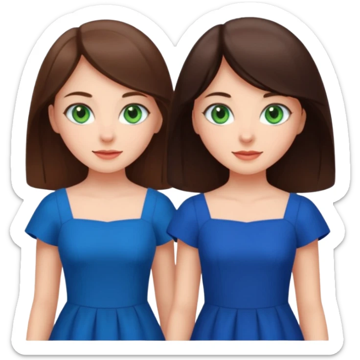 A brunette sister with green eyes and a brunette sister with green eyes in different clothes standing happily sticker