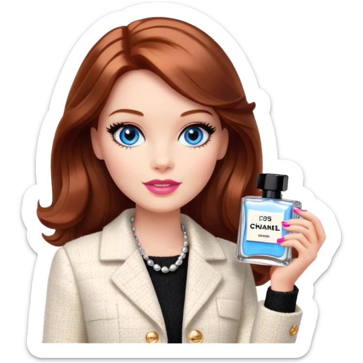 A Barbie girl with blue eyes, shoulder-length reddish-brown hair with makeup, wearing a white tweed jacket and a black skirt is holding Chanel cream in her hand sticker
