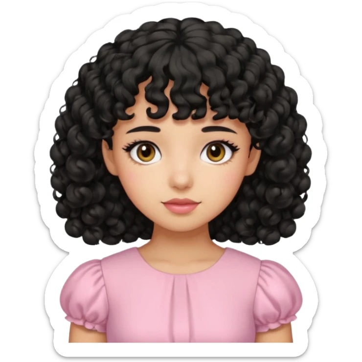 uma menina de pele oliva e cabelos pretos encaracolados e com franja encaracolada e um vestido rosa pastel sticker
