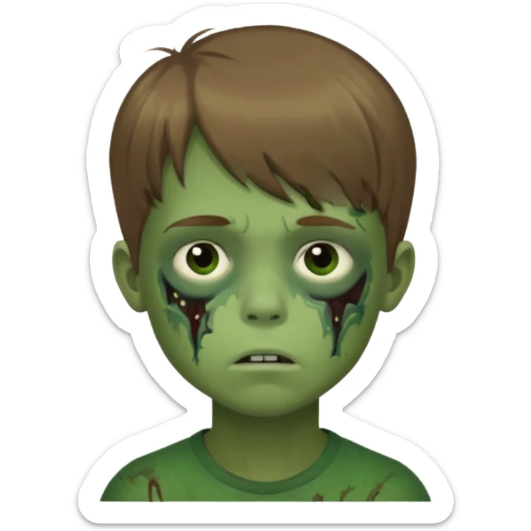 quero um emoji de um menino com pele de zumbi cabelo castanho claro e de franja olhos menores boca fechada pele verde  sticker