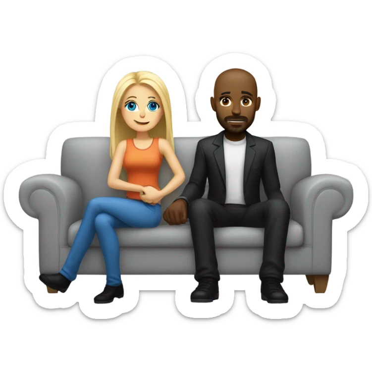 Blonde woman with blue eyes and long straight hair and black man who is bald with a goatee seated together on a sofa with their legs touching and their arms around each other.   sticker