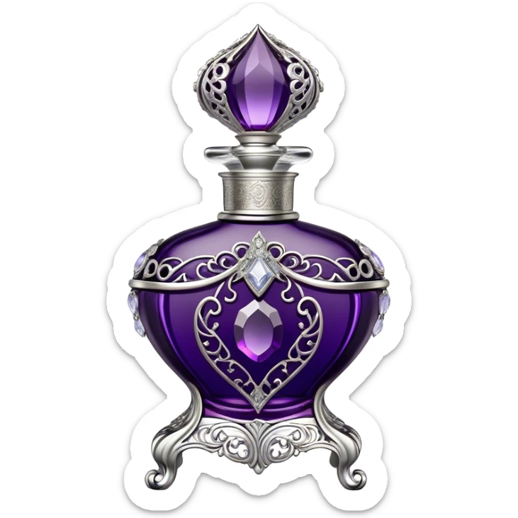 A luxurious French vintage-style perfume bottle in deep purple, with an ornate crystal stopper and intricate silver filigree detailing. The bottle has an elegantly curved shape, reminiscent of classic 18th-century perfume designs. It sits atop a delicate lace-covered vanity table, surrounded by pearls and antique silver accessories. Soft candlelight casts a warm, romantic glow, highlighting the rich texture of the glass and metallic accents sticker