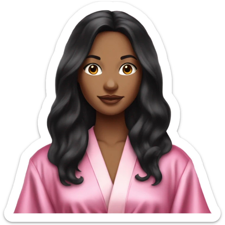 Mixed raced woman with long black hair wearing a silk pink Victoria’s Secret robe sticker