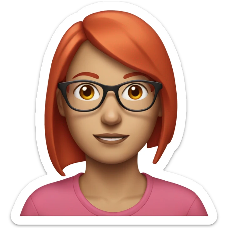 white woman with red hair and red bangs, with clear glasses and a pink sweatshirt sticker