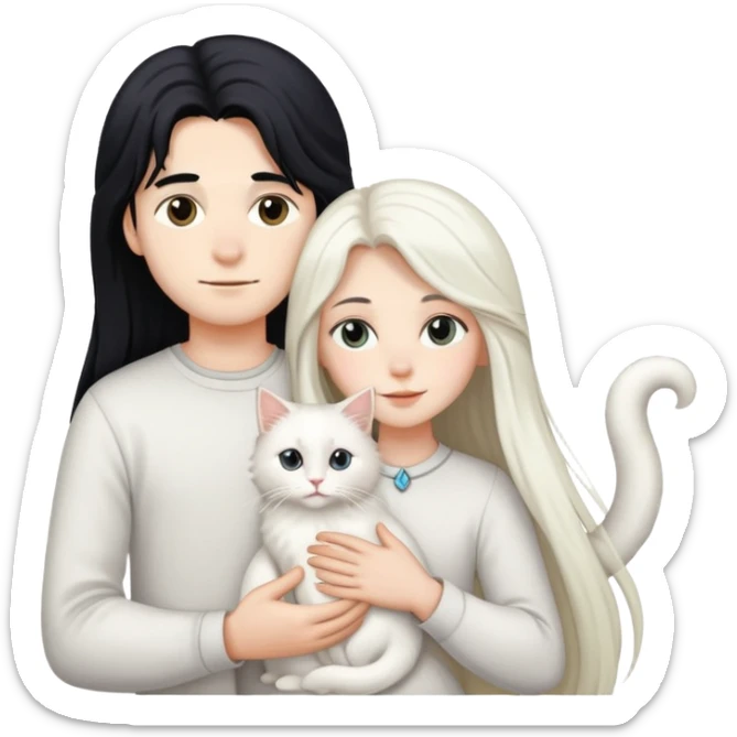 A boy and a girl with long black hair holding a white long-haired cat sticker