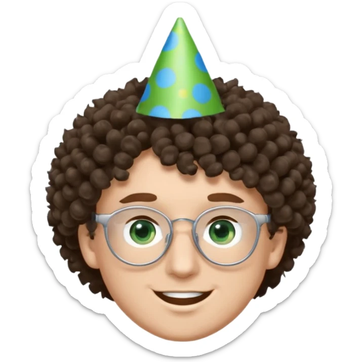 A white guy with curly brown hair and green eyes with a happy face, and wear square black glasses.He’s also got a full silver birthday party hat on his head with blue pom poms on top of it, and his T-shirt is all black, he wears a little gold circle earrings on his left  sticker