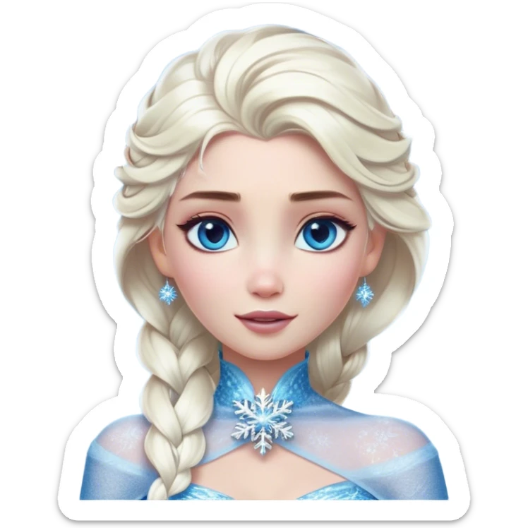 Cinematic Realistic Elsa Portrait, depicted with lifelike skin texture, soft natural lighting, and intricately detailed platinum blonde hair styled elegantly. Her striking, expressive blue eyes exude confidence and grace, complemented by a serene and regal expression. She holds a shimmering snowflake delicately in one hand, her other hand resting against her gown, embodying the power and beauty of winter. She is dressed in her signature icy attire, with shimmering fabric textures and delicate folds that catch the light beautifully. The portrait features a soft, enchanting glow with a cool, radiant finish, capturing the essence of timeless elegance in a realistic and painterly style. sticker