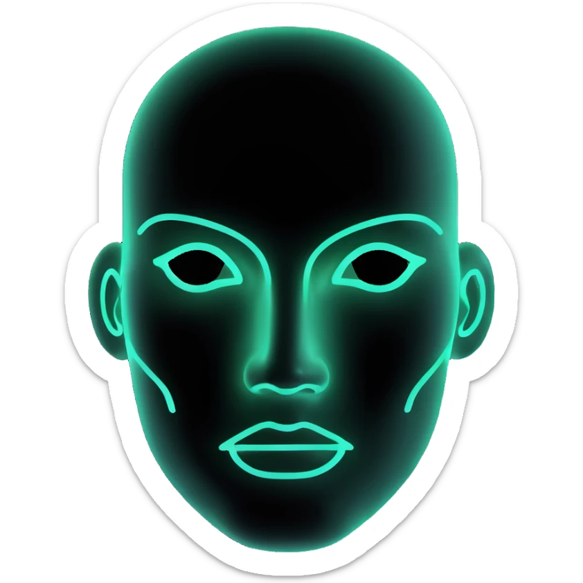 Minimalist futuristic AI avatar — clean glowing outline of a humanoid face, half-abstract with light reflections. sticker