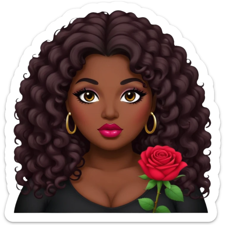 big plus size, dark skin, curly long hair, baddie,pretty rose lips, makeup, black eyeliner, long hair sticker