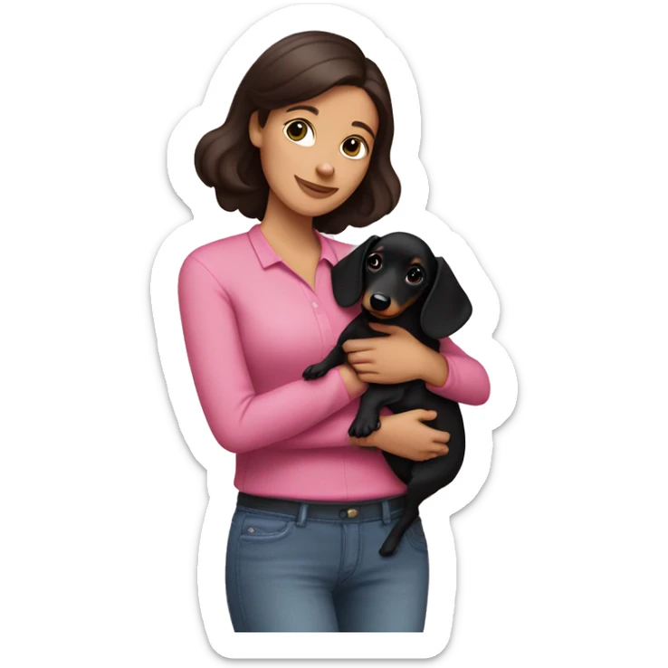 a brunette woman in a pink shirt, with white skin, holding black dachshund puppy in her arms lovingly sticker
