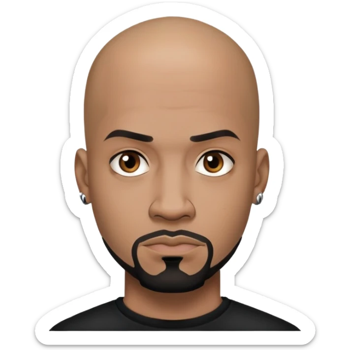 đàn ông 30 tuổi, da đen, đầu trọc, râu quai nón đen, có hình xăm trên mặt, áo đen, mặt nghiêm túc sticker
