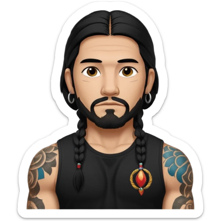 Native American/Spanish male.facial Hair on chin.
Untucked loose fitting black t-shirt. 
long black hair.
muscular.
Even More tattoos. 
Peaceful sticker