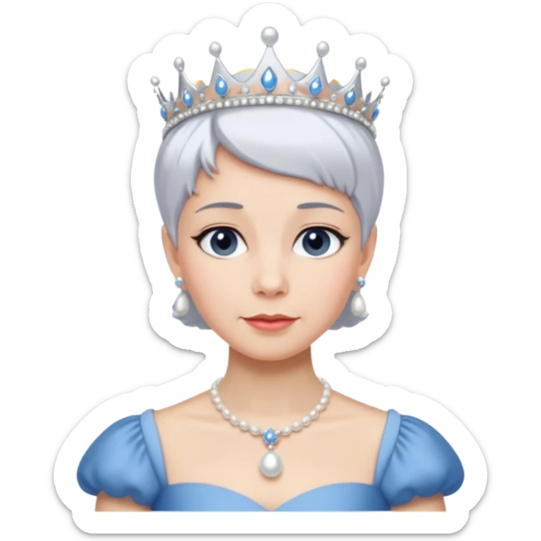 Queen with white short hair – silver tiara, pearl necklace, elegant gown, blue dress sticker