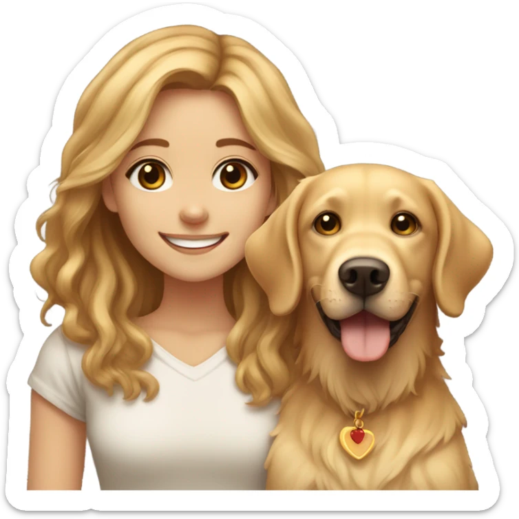 Smiling girl with long brown hair and a small shaggy golden Labrador dog with brown eyes sticker