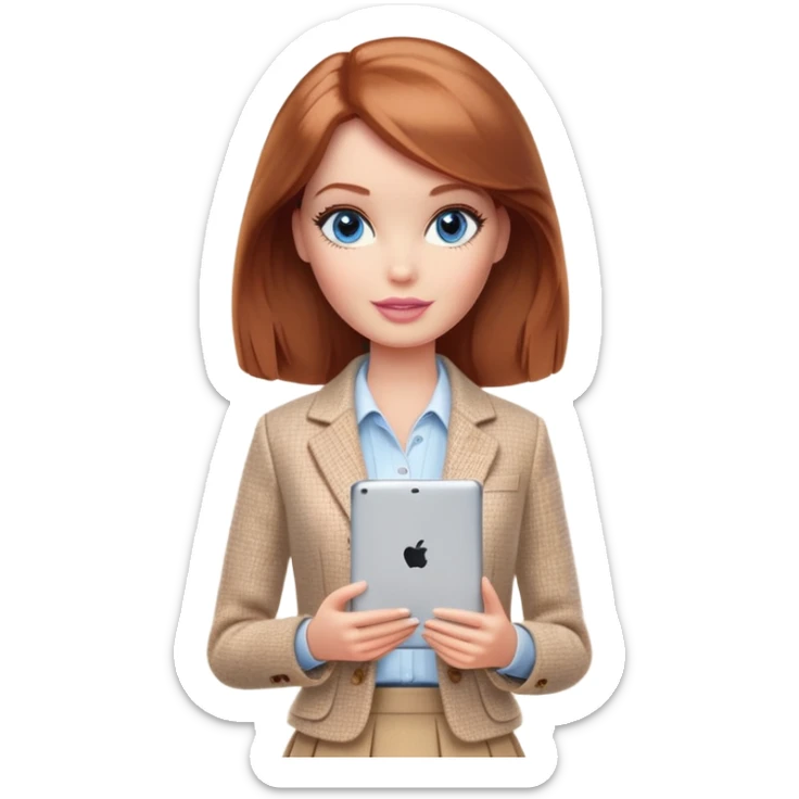 A Barbie girl with blue eyes, shoulder-length reddish-brown hair, made-up, wearing a beige tweed jacket and a beige skirt,  with a iPad sticker