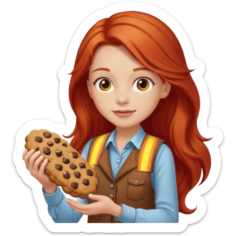 white girl scout with red long hair selling cookies with a brown vest sticker