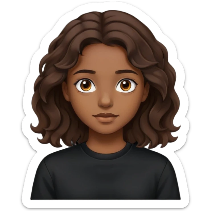 girl with brown skin, dark wavy brown hair shoulder length and black crewneck t-shirt sticker