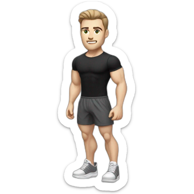 Pale skinned Fit Man With the biceps and dark brown hair in black shirt, gray sports shorts and white Sneakers sticker