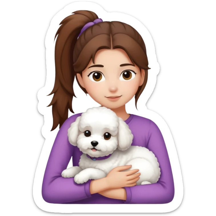 One girl with straight hair in a ponytail，hugging one Bichon frise sticker