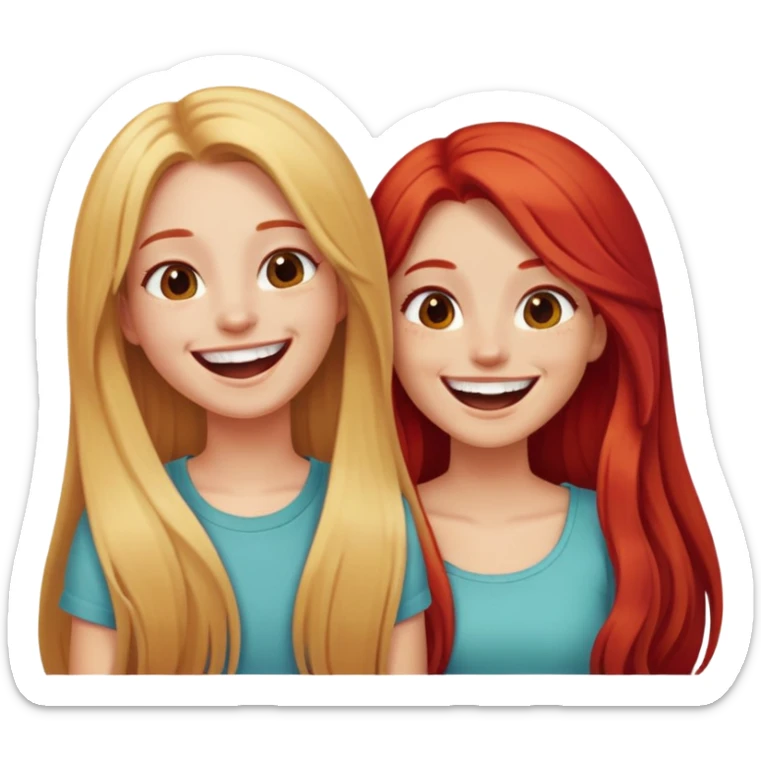 Two girls laughing with long blonde hair and red hair sticker