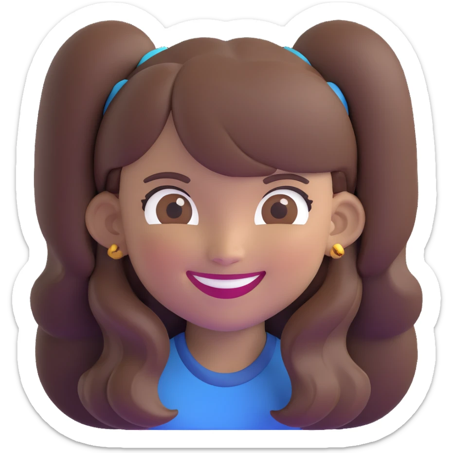 a girl with long brown hair and brown eyes smiling, memoji style, different pose sticker