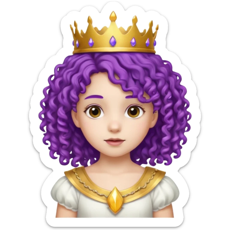 Princesses kid girl, with Gold Crown on purple curly hair, with white dress sticker