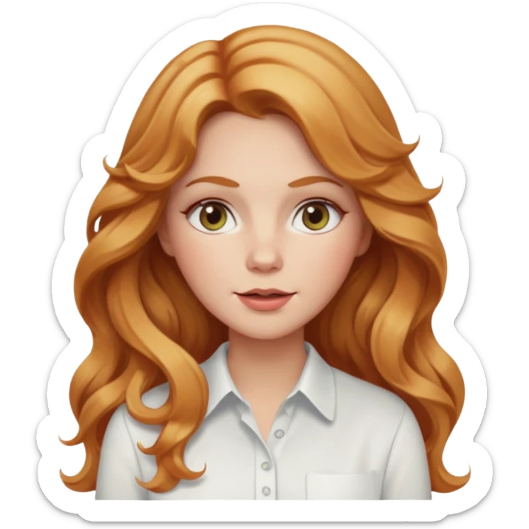 white adult woman with strawberry blonde super long wavy hair, white shirt, blushed cheeks sticker