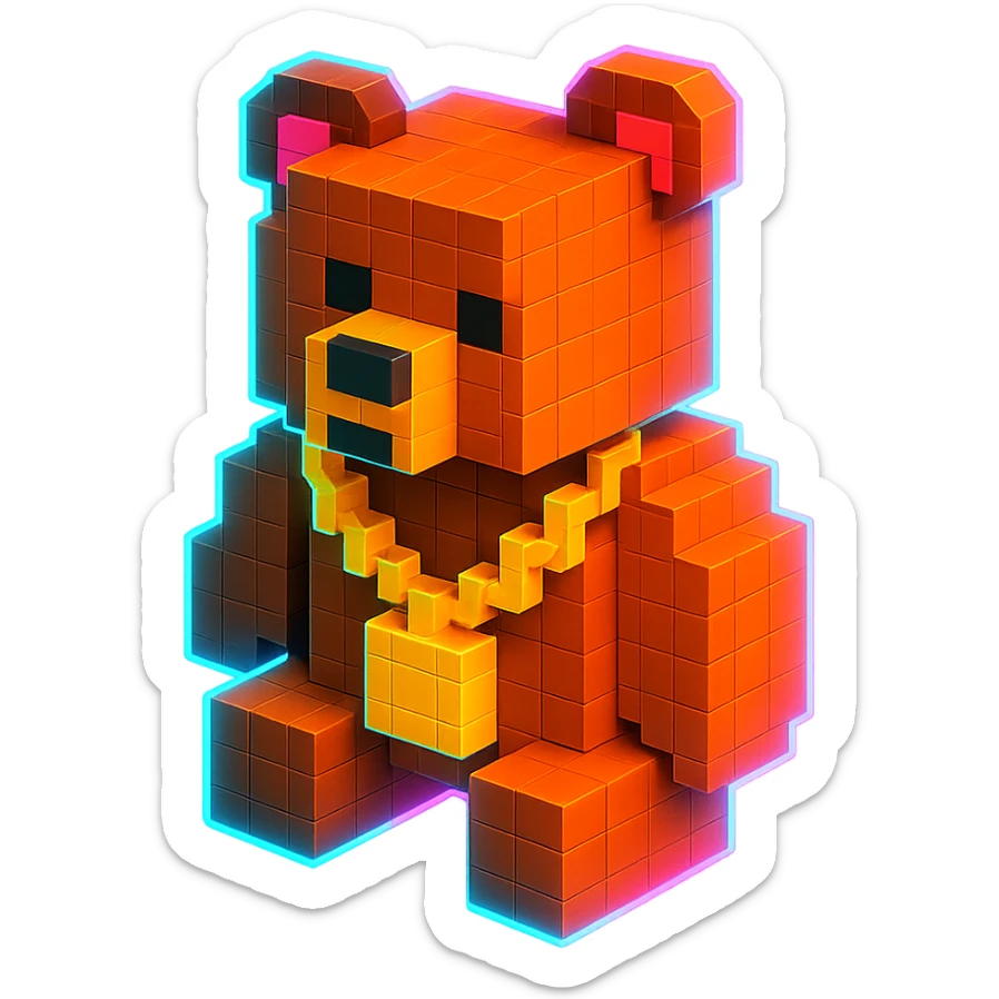 Russian grizzly bear with a rapper chain, with a neon glow effect sticker