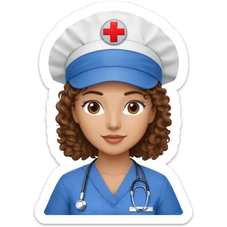 Latina nurse with curly hair, wearing scrubs and a nurse cap sticker
