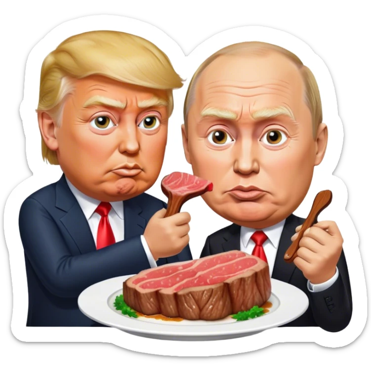 photorealistic Donald Trump and Putin eating a steak shaped like an piece of land sticker
