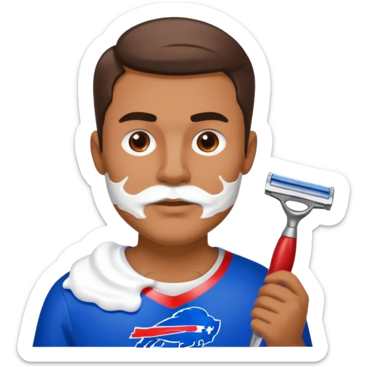 Man shaving face with razor and shaving cream with a buffalo bills shirt on sticker