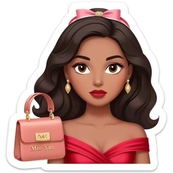 A woman with darker almond-toned skin, more voluminous dark hair in waves, expressive eyes with soft lashes and shimmer, full lips with a glossy nude-pink color, wearing a red dress and a white crossbody sash with “Miss San Juan” in black letters, exuding elegance and confidence sticker