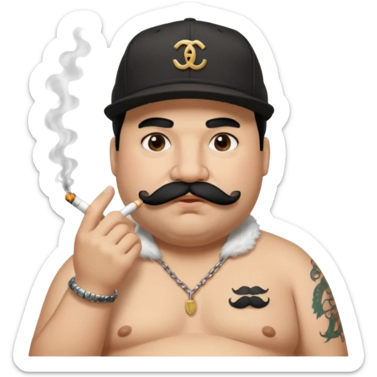 a fat father with white fur, black hair, a hip hop cap, a tattoo with a cigarette in his mouth, and a mustache. sticker