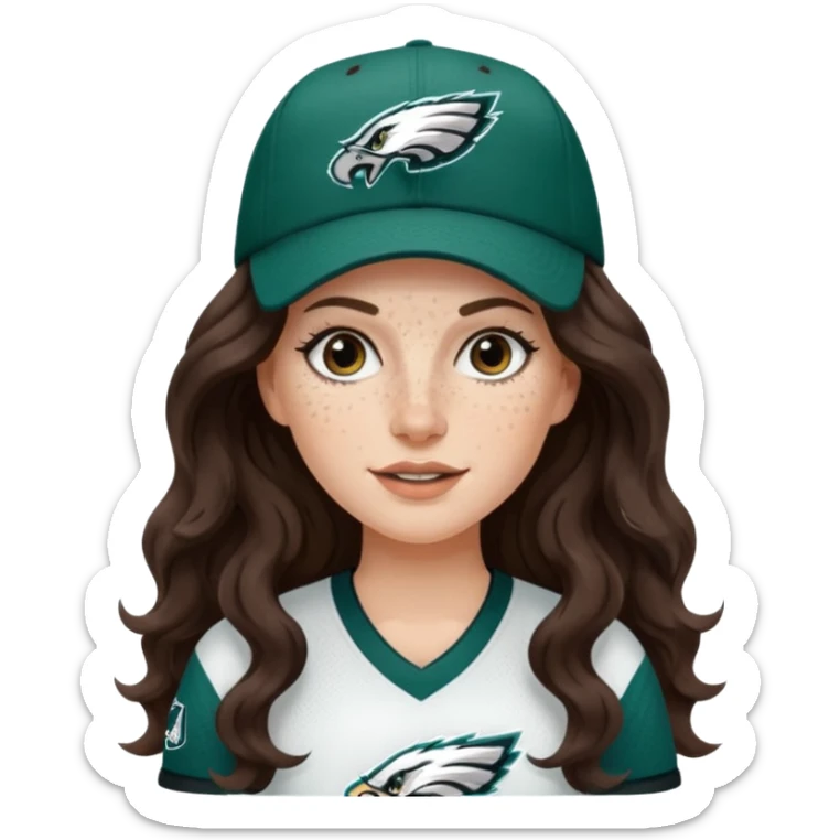 White girl with long dark brown wavy hair and freckles wearring a Philadelphia eagles jersey and hat sticker