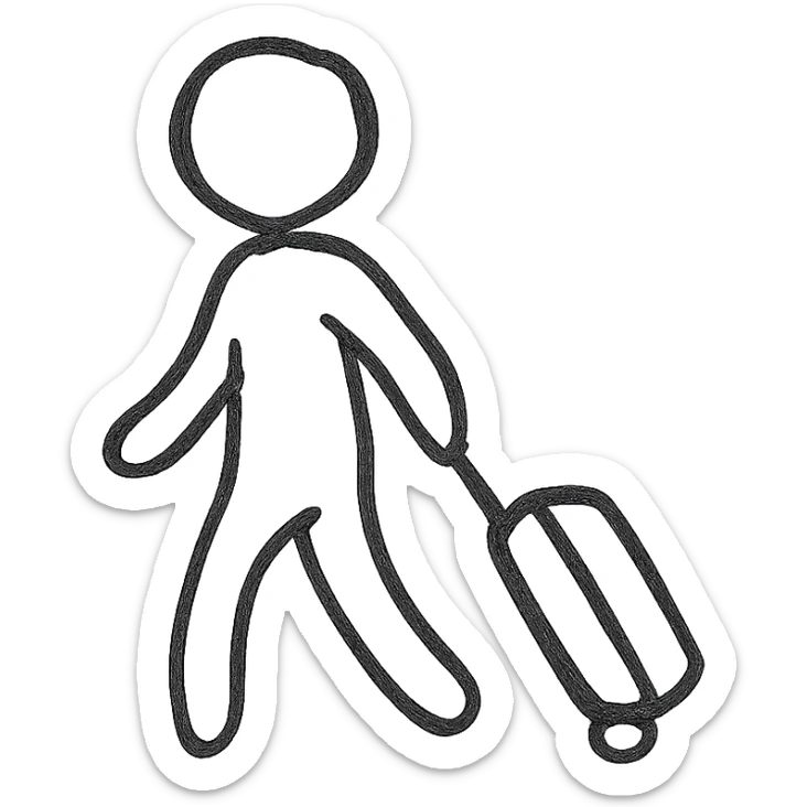 silhouette of a person with a traveling suitcase, minimal, black on white sticker