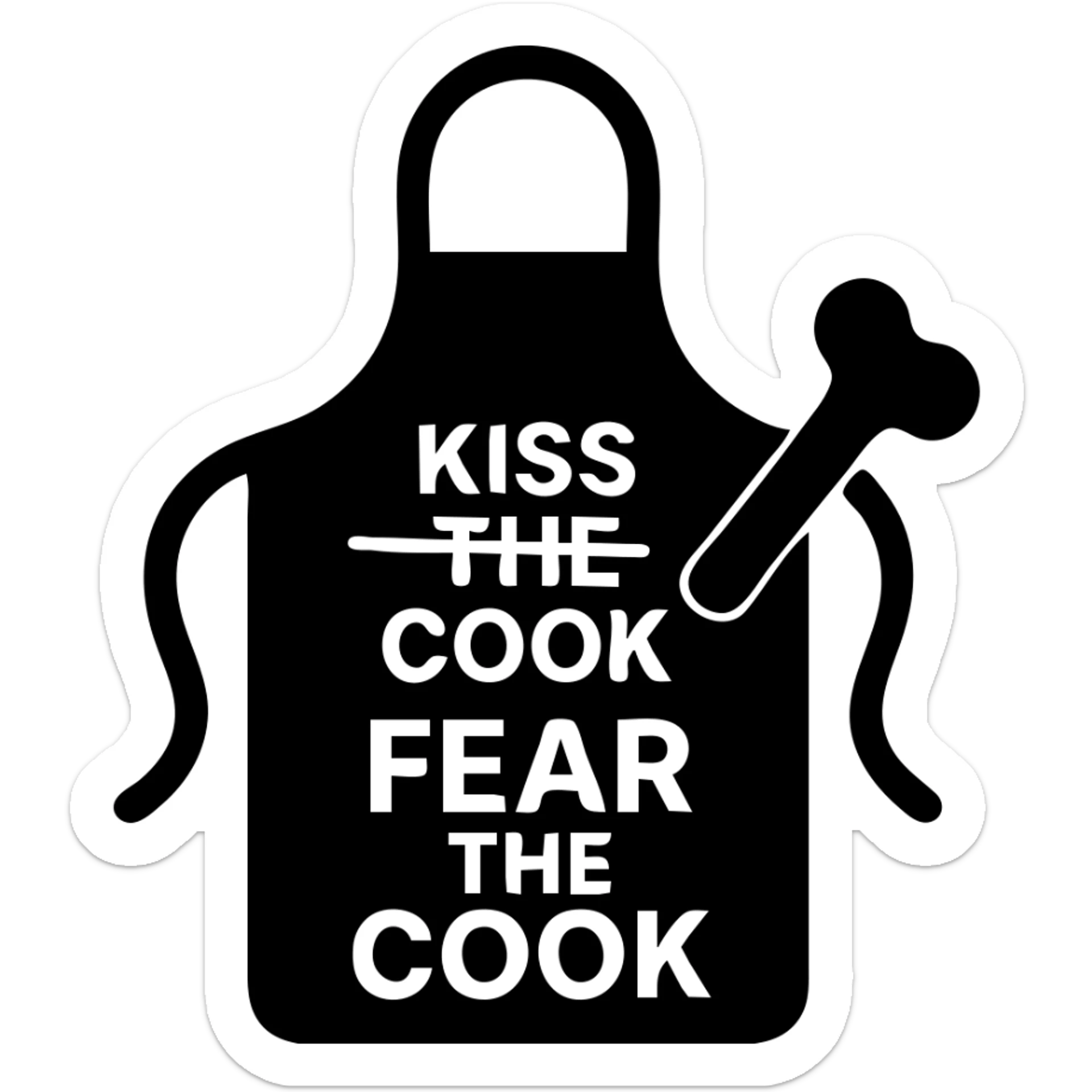 An apron with the text "Kiss the Cook" scratched out and replaced with "Fear the Cook", featuring a giant rib bone as a weapon sticker