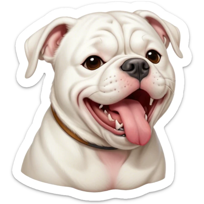 Cinematic Cute Yawning White American Bulldog Portrait Emoji, Head tilted slightly with a dramatic, wide-open yawn, short white fur with a velvety texture, floppy ears slightly drooping, round brown eyes barely open in drowsy contentment, Simplified yet irresistibly adorable features, highly detailed, glowing with a soft, cozy glow, high shine, relaxed yet expressive, stylized with a touch of whimsy, bright and endearing, soft glowing outline, capturing the essence of a sleepy yet affectionate pup, so drowsy it feels like it could stretch right out of the screen and curl up for a nap! sticker