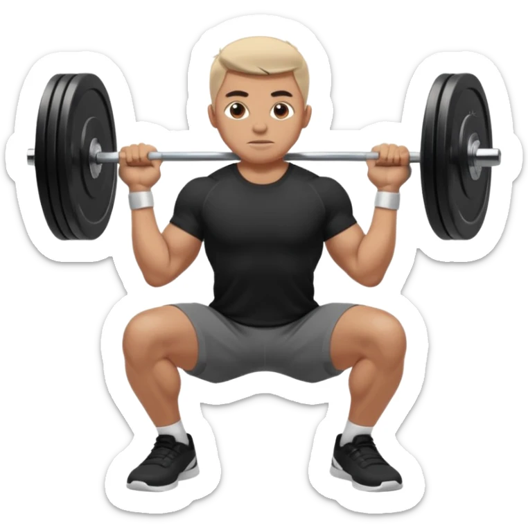 Hombre vestido con playera negra, pants gris y tenis blancos tipo jordan haciendo sentadilla libre con barra con un disco de 20 kilos por lado  sticker
