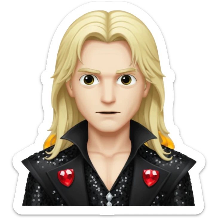 Alucard ,Son of Dracula with long blonde hair, black sequin outfit sticker