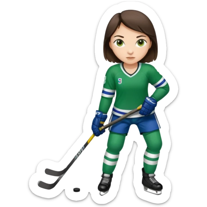 Girl hockey player full body with green jersey brunette sticker